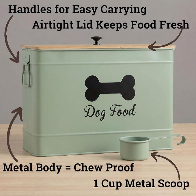 Dog Food Container Airtight Bamboo Lid 15-20 lb Sturdy Metal Handle 70 Cups | Pet Jar For Dogs up to 100lbs, Airtight Bamboo Lid, Sturdy Comfortable Metal Handle, Powder Coated Iron, Kibble Storage Bin