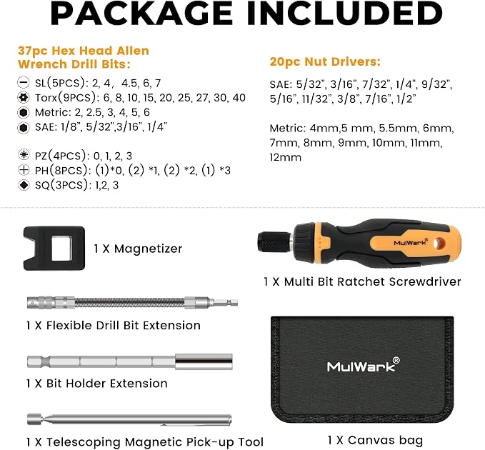 MULWARK Screwdriver Bit Set & Socket Kit, 63-Pieces Ratcheting Screwdriver Set with Case, 63 in 1 Multi Bit Screw Driver for Home DIY, Electronics, Car Emergency and Garage