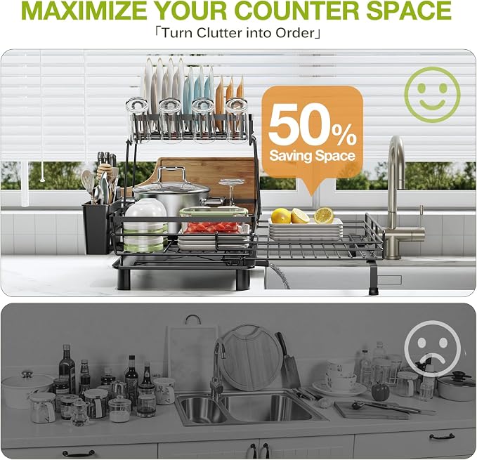 2-Tier Expandable Dish Drying Rack for Kitchen Counter, White | Large Capacity Dish Rack Organization, Heavy-Duty Carbon Steel, 17 lbs Capacity, Swivel Drain Spout & Cup Hooks