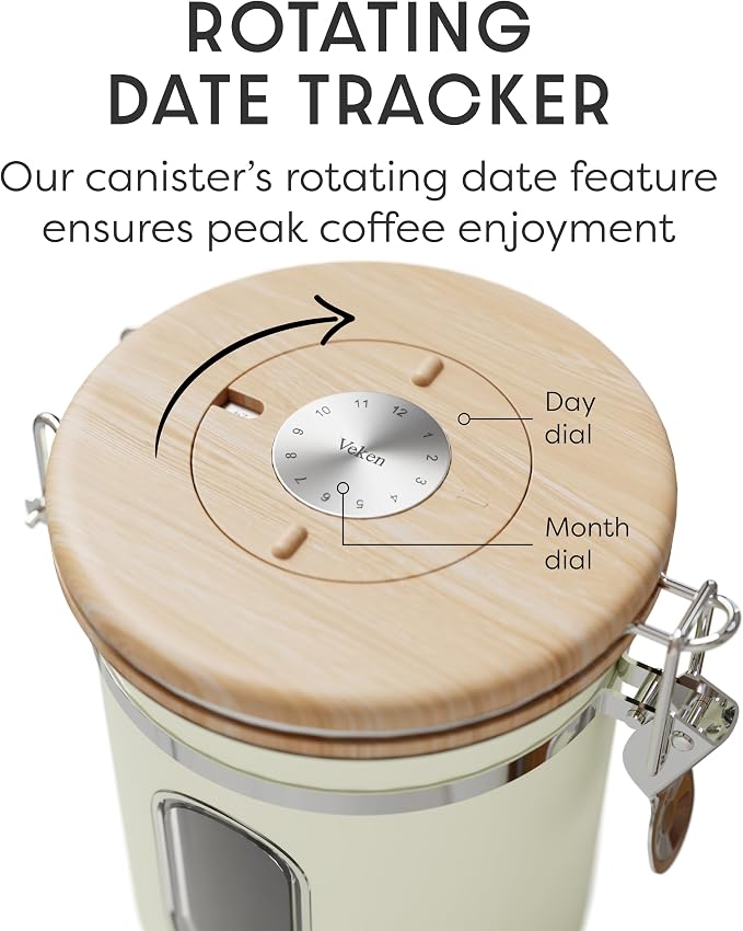 Veken Coffee Sugar Canister with Window, Airtight Stainless Steel Kitchen Food Storage Container with Lids, Date Tracker and Scoop for Grounds Coffee, Beans, Tea, Flour, Cereal Jars, 16OZ, Cream