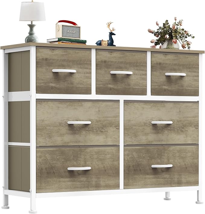 OLIXIS 7 Drawers Fabric Dresser for Bedroom, Storage Tower Organizer | Living Room & Entryway, Sturdy Steel Frame, Wooden Top & Easy-Pull Bins, Closet Chest for Clothes, Oak Greige
