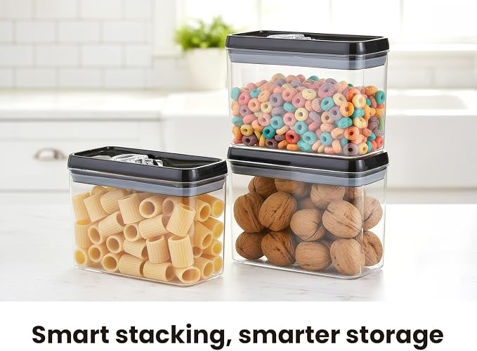 Felli Flip Tite Storage Container with Lid 4” RECTANGULAR Airtight Ring Flip Top, Stackable Kitchen Counter Pantry Organizer Acrylic Canister Jar for Pasta Spaghetti Cereal Granola Coffee
