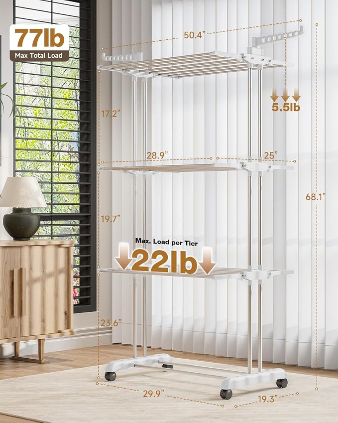 Bigzzia Clothes Drying Rack Folding with Wheels Drying Rack Clothing Clothes Horses Rack Stainless Steel Laundry Drying Rack with Two Side Wings 4 Tier Grey White