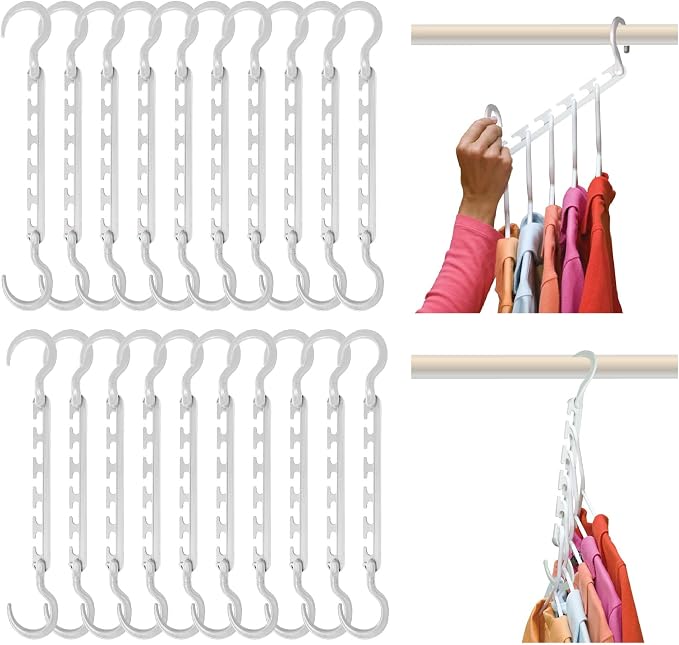 Wonder Hanger Max 20-Pack Space-Saving Hangers, 360° Hooks, White | Maximize closet space with 20 assembled cascading hangers and reinforced 360° swivel hooks—ideal for dorms and storage.