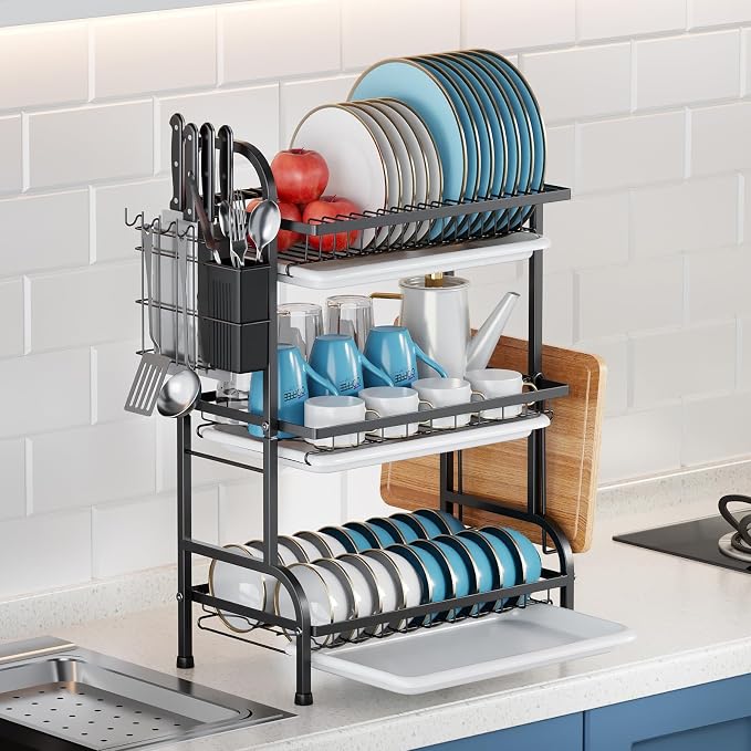 Dish Drying Rack,Dish Racks Drainer,Over The Sink Dish Drainer Drying Rack 3 Tier with Drain Tray,Chopsticks Rack,Knife Holder