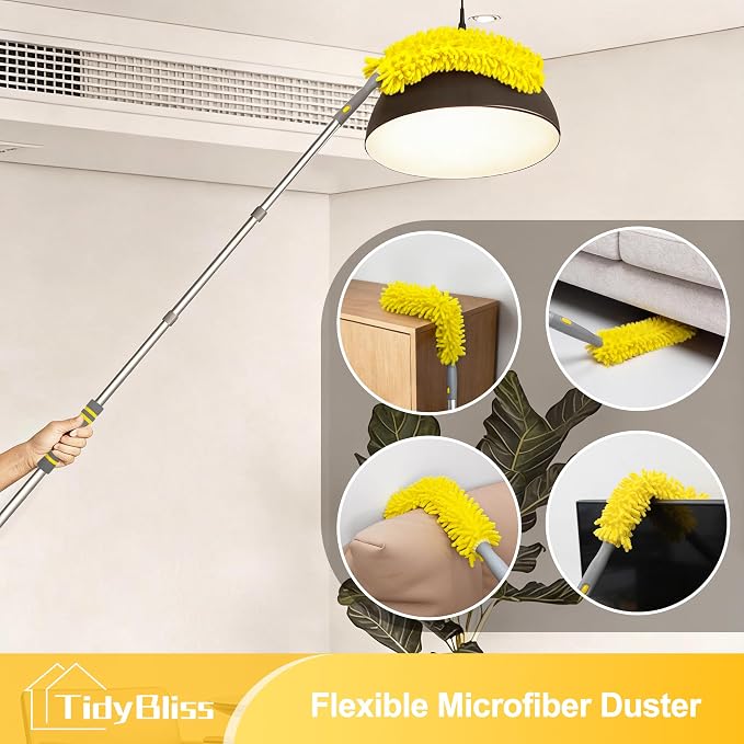TidyBliss 77” Ceiling Fan Blades Cleaner Duster with Extension Pole, Extendable Flexible Dust Cleaning Brush, Reusable Chenille Mop for Baseboard Wall Floor Blinds Cobweb