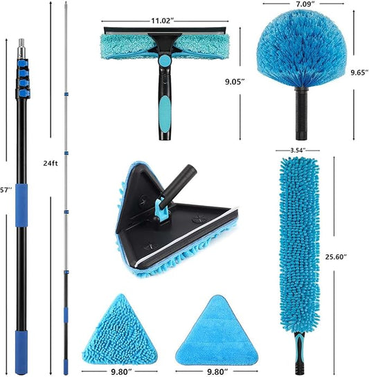 30ft Painted Wall Mop, 24ft Extension Pole, 3-in-1 Cleaning Kit | Heavy Duty, High Ceiling Cleaning Tool, 4 Microfiber Chenille Pad, Cobweb Duster, Fan, Baseboard, Window Squeegee Kit