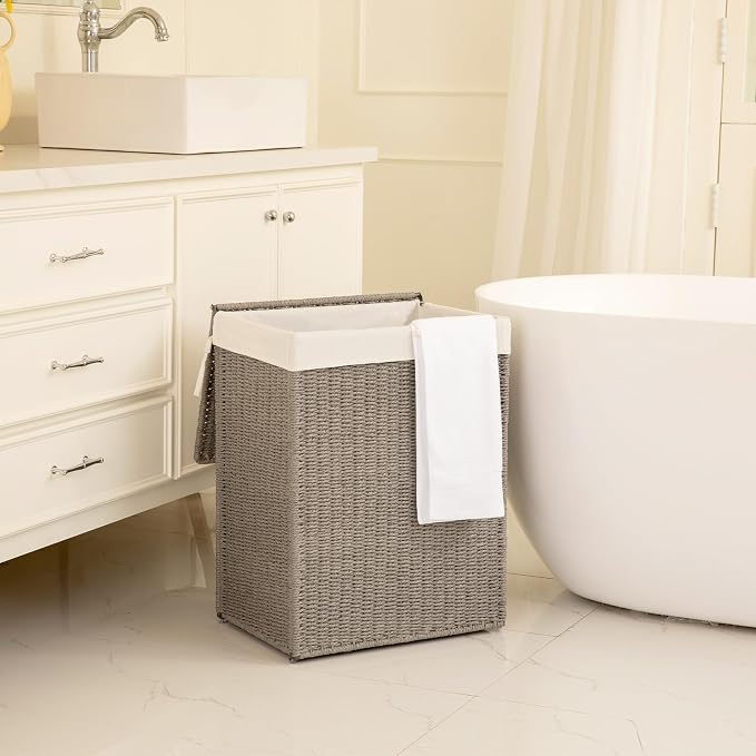 OIAHOMY Laundry Hamper with Lid, 90L(23.8 Gal) Large Wicker Laundry Basket for Bedroom, Handwoven Paper Rope Clothes Hamper with Washable Liner & Metal Frame, Decorative Organizer for Bathroom Grey
