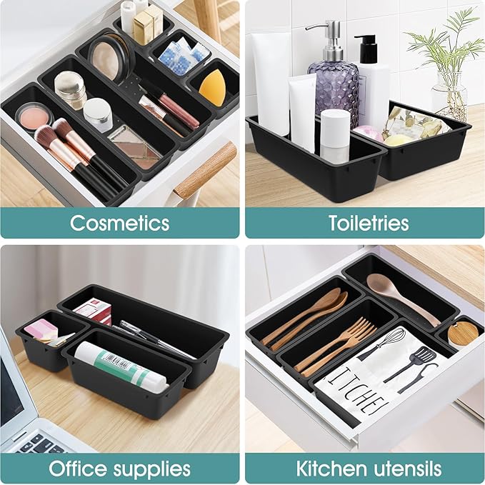 WOWBOX 25 PCS Plastic Drawer Organizer Set, Desk Drawer Divider Organizers and Storage Bins for Makeup, Jewelry, Gadgets for Kitchen, Bedroom, Bathroom, Office, Deep Black