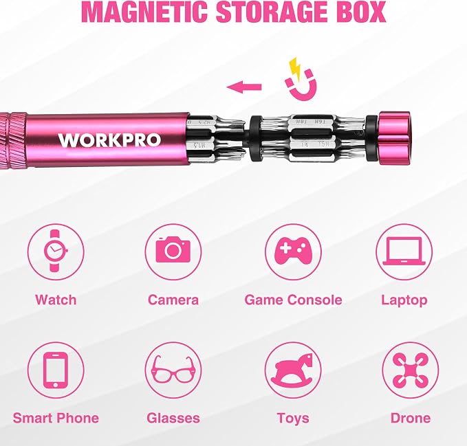 WORKPRO 24 in 1 Multi Bit Mini Screwdriver Set Magnetic, Pink | Manual Pen Screwdrivers, Tough S2 Steel Small Screwdriver Bits for Eyeglass, Watch, Laptop, Phone, Jewelry and Electronic