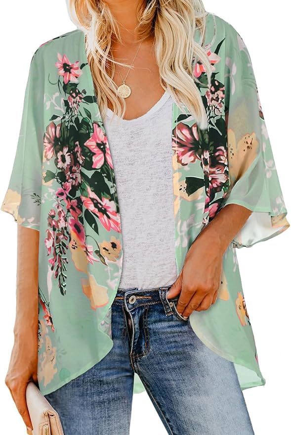 Women Kimono Cardigans Summer Cover Up Hawaiian Shirts Floral Print Tops | ROSEMIA chiffon kimono open front cardigans, beach cover ups, daily casual tops, cruise outfits, summer resort wear