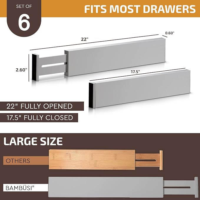 Bambüsi Bamboo Drawer Dividers 6 Pack - Deep Drawer Organizer, Adjustable 16 to 22 Inch Expandable Dividers, 2.6 Inch High Wood Separators for Kitchen, Clothes, Bedroom, Bathroom, Office - Grey