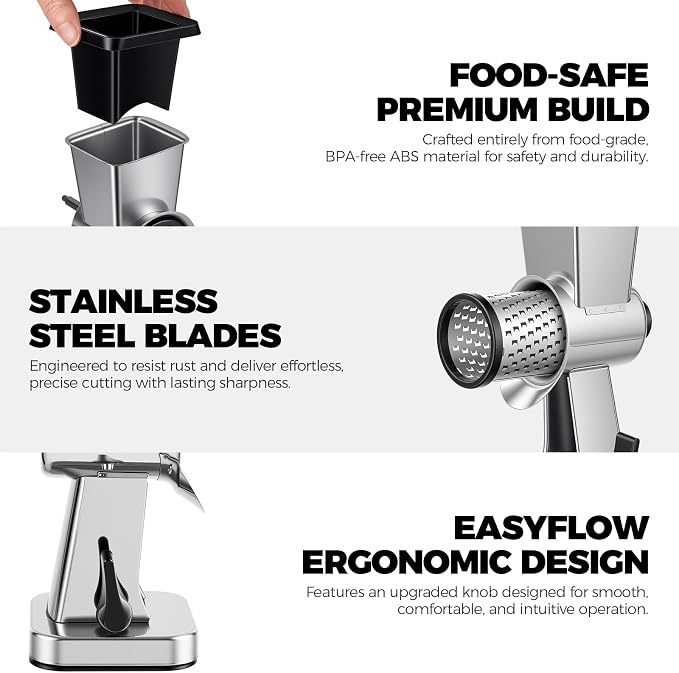 LHS Rotary Cheese Grater Stainless Steel Manual Cheese Shredder Grater Walnuts Grinder with 3 Interchangeable Drum Blades for Chocolate, Cheese and Nuts