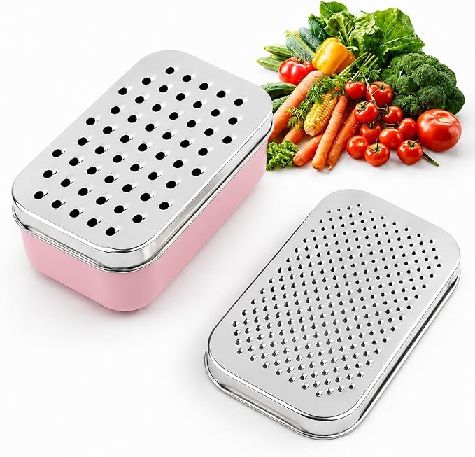 Cheese Grater with Storage Container, Box Grater Stainless Steel for Vegetables, Cheese Shredder 2 Sharp Blades for Fine & Coarse, Non-Slip Base, Lemon Zester, Includes Cleaning Brush (Pink)