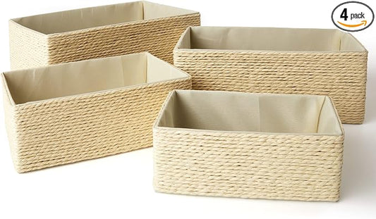 Storage Baskets Set 4 - Stackable Woven Basket Paper Rope Bin, Storage Boxes for Makeup Closet Bathroom Bedroom (Beige)