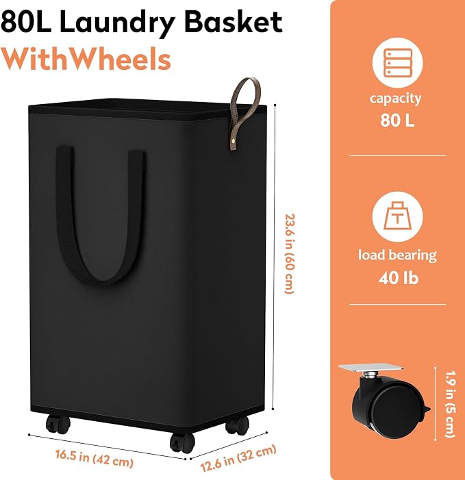SpaceTrove Rolling Laundry Basket with Wheels, Laundry Hamper, 80L, Black | Collapsible, 4 detachable wheels including 2 with brakes, sturdy handle, metal frame, for dorms, bathrooms and bedrooms