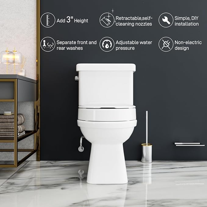 BIGCOW Raised Toilet Seat with Bidet - Round, Soft Close, 3" Height - Dual Nozzle (Frontal & Rear Wash) with Adjustable Cold Water Pressure and Stainless Steel Inlet (Round)