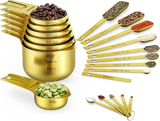 Wildone Gold Measuring Cups & Spoons Set of 21 - Includes 7 Stainless Steel Nesting Measuring Cups, 8 Measuring Spoons, 1 Leveler & 6 Mini Measuring Spoons, Ideal for Dry & Liquid Ingredients