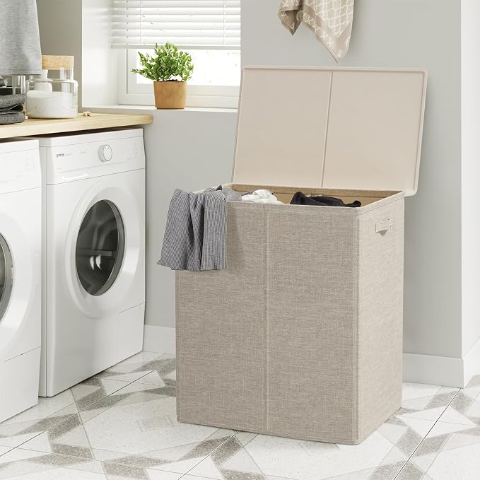 WOWLIVE 154L Double Laundry Hamper 2 Section with Lid and Removable Bags | Divided Laundry Basket, Large Dirty Clothes Hamper with Handle, Collapsible Laundry Storage for Dorm Room, College, Wheat