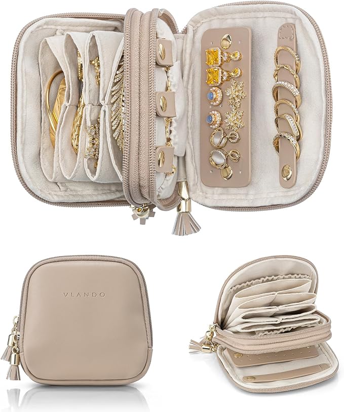VLANDO 2-Layer Travel Jewelry Case for Necklaces,Rings,Earrings | Storage with Velvet Lining,Keeps Small Jewelry Separated for Travel,Carry-On Totes,Daily Use,Toffee