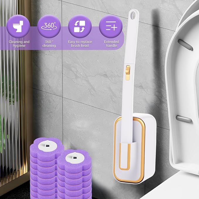 Disposable Toilet Brush, Toilet Brush Kit, Toilet Bowl Cleaning System, Long Handle Easy to Install for Bathroom Cleaning (White Cleaning Brush + 18 Purple Replacement Heads)