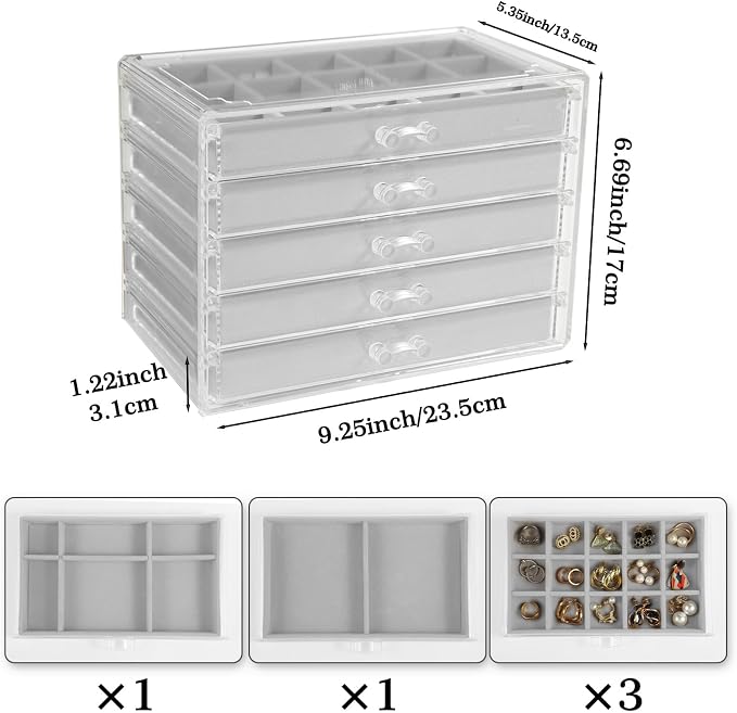GUOER Earring Organizer, Acrylic Jewelry Box with 5 Drawers for Women, Grey | Clear Earring Holder Organizer Box, Stud Earring Ring Display Storage Case Large, Adjustable Velvet Trays Girls Gifts