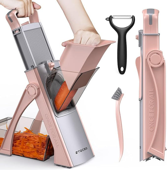 [All in 1] Upgraded Version Safe Mandoline Slicer for Kitchen, Adjustable Thickness. Veggie Slicer, Rapid Prep Mandoline, Detachable Blade, Cleaning Brush/Paring Knife (GrayPink)
