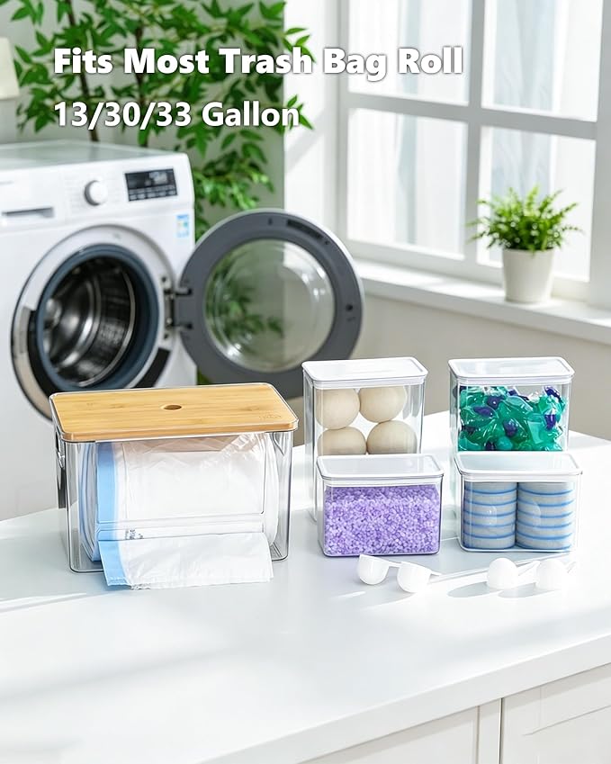 iCASA 5 in 1 Trash Bag Holder Dispenser Kitchen Under Sink Organizer | Stackable Garbage Bag Dispenser for 13/30/33 Gallon Bags, Clear Organizer Bins Dishwahser & Laundry Pods Container Storage
