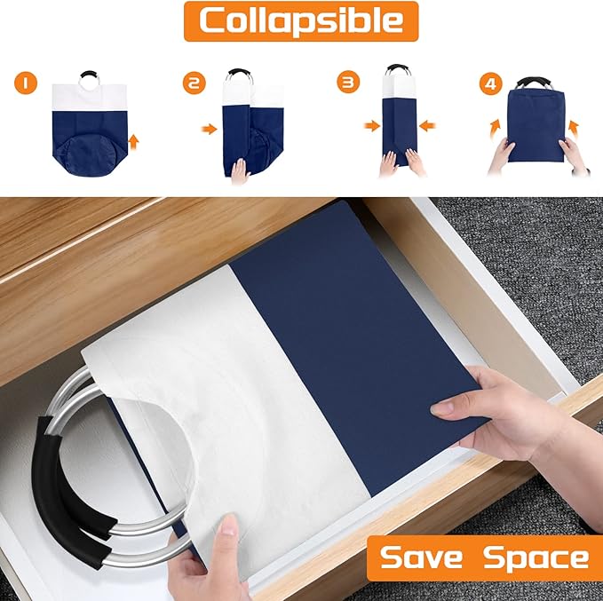 BlissTotes 115L Laundry Basket, Freestanding Collapsible Hamper, Blue | Collapsible Dirty Clothes Hamper, Foldable Laundry Bag for Dorm, Waterproof Fabric, Padded Aluminum Handles