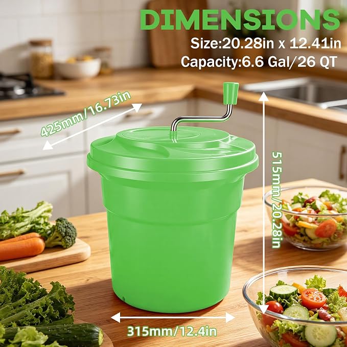 6.6 Gallon Large Commercial Salad Spinner, Salad Dryer with Draining Hose, 26 Qt Manual Lettuce Dryer for Washing, Spinning & Draining, Holds 7 Heads of Lettuce for Restaurant Kitchen Prep