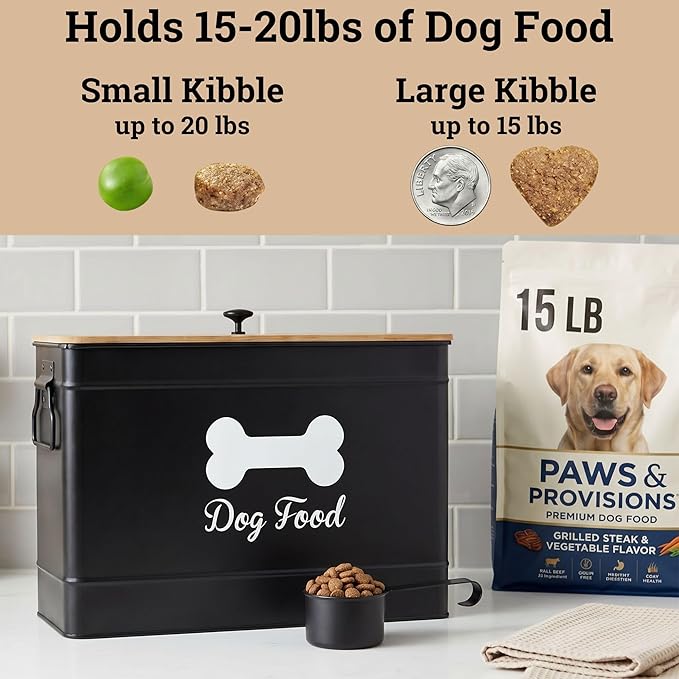 Dog Food Container Airtight Bamboo Lid 15-20 lb Sturdy Metal Handle 70 Cups | Pet Jar For Dogs up to 100lbs, Airtight Bamboo Lid, Sturdy Comfortable Metal Handle, Powder Coated Iron, Kibble Storage Bin