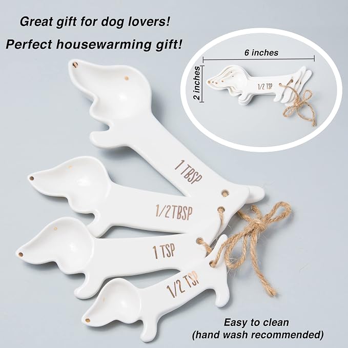 VOTUM Dachshund Measuring Spoons, Ceramic, Set of 4, Dog Lover Gifts | Weiner or Wiener Dog Themed Kitchen Baking Tools, White Ceramic, Gift for Dachshund Lovers