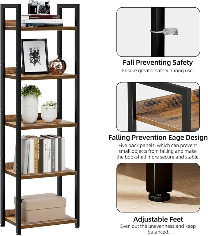 NUMENN Narrow Bookshelf, 5 Tier Freestanding Shelving Unit, Vintage | Metal Frame & Wood Shelves, Falling Prevention Baffle, Open Storage Bookcase for Bedroom, Living Room & Home Office