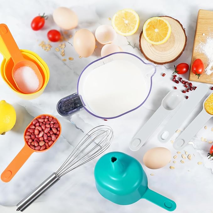 Stackable 10-Piece Measuring Cups and Spoons Set with Lids | Kitchen gadgets for cooking & baking. Includes 10 stackable cups & spoons. Dishwasher-safe. For liquid & dry, multicolor