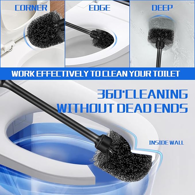 Toilet Brush and Holder 3 Pack with Long Handle - Non-Slip Grip Toilet Bowl Brush Set for Deep Cleaning Bathroom, Toilet Scrubber- Black