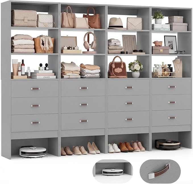 8FT Closet System with Leather Handles, 96" Walk-in Closet Storage Unit with Cabinet, Wood Wardrobe Closet Organizer and Storage with 12 Drawers, Set of 4, Grey
