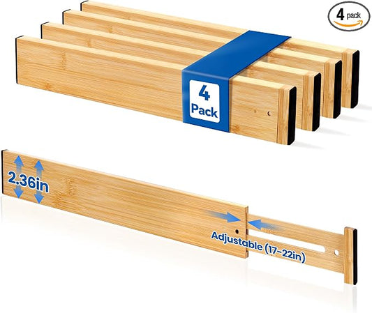 4 Pack Drawer Dividers, 2.36" Bamboo Expandable Drawer Organizers, 17-22" Adjustable Tension Separators, Standard Drawer Dividers for Kitchen, Bedroom Dresser, Baby Nursery & Bathroom