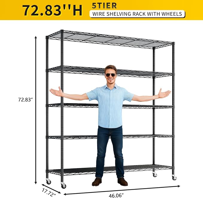 Karl home 5-Tier Adjustable Metal Storage Shelves, Wire Unit with Wheels | Heavy Duty Wire Storage Rack Organizer, Multipurpose Shelving for Garage, Pantry, Kitchen Display