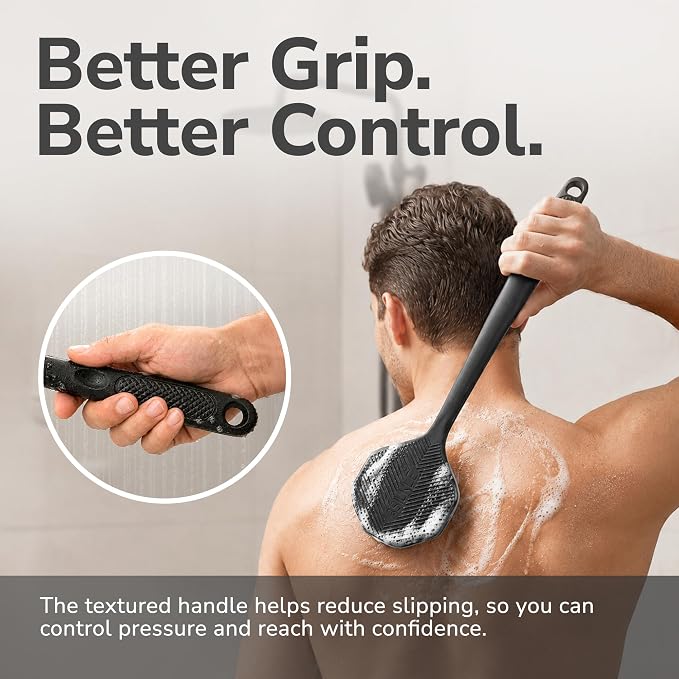 SILKLE Silicone Back Scrubber for Shower - Back Scrubber with Long Handle, Shower Back Scrubber & Body Scrubber with Handle, Exfoliating Back Scrubber, Back Brush for Shower with Textured Grip - Black