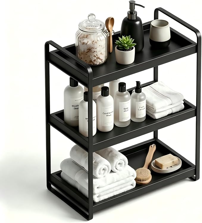 LEMIKKLE Bathroom Counter Organizer with Basket, Bathroom Organizers and Storage,Skincare Organizers for Vanity,Storage Organizers for Bathroom, Kitchen, Dresser (3-Tier Black Wood Rack)