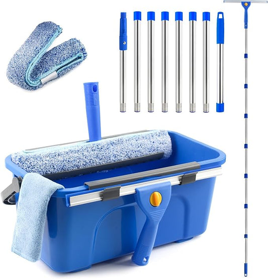 10Ft Window Cleaning Kit with Bucket 3 Gallon, 14" Window Squeegee and 15" Scrubber with 3m Long Handle, Professional Window Cleaning Equipment Washing Kit Cleaner Tool for Home Outdoor Commercial Use