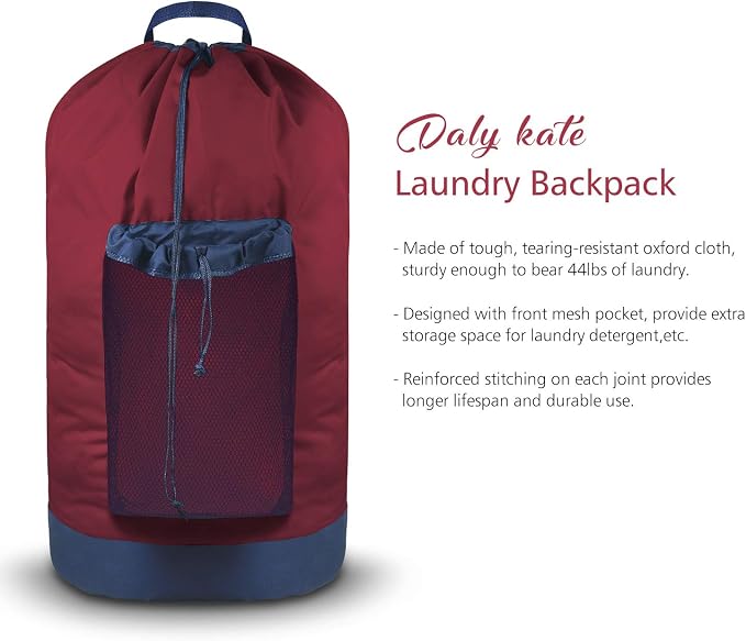 Backpack Laundry Bag, Laundry Backpack with Shoulder Straps and Mesh Pocket Durable Nylon Clothes Hamper Bag with Drawstring Closure Red