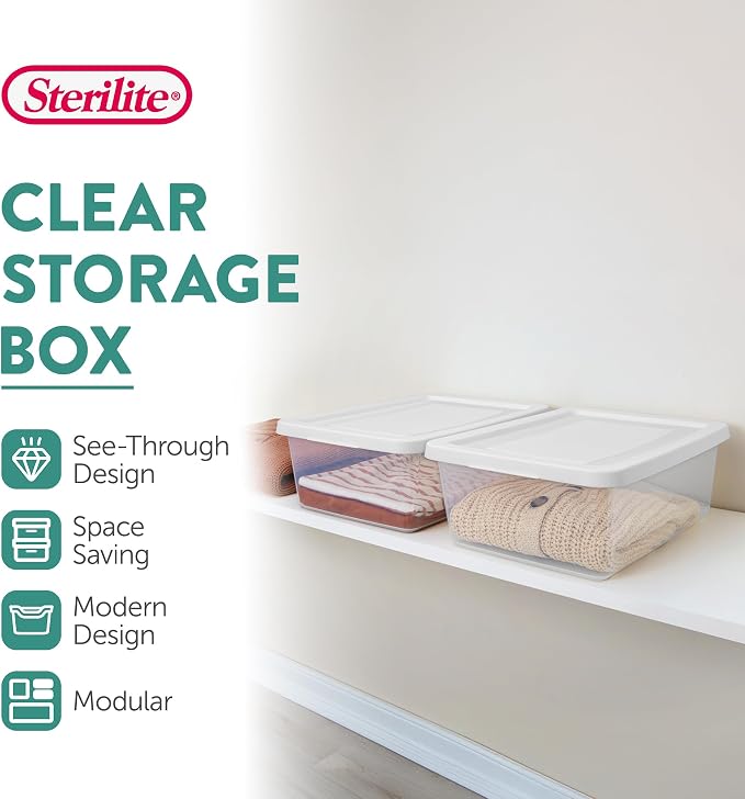 Sterilite 36 Pack Storage Box, 12 Quart Stackable Tote, Clear Plastic Container with Secure Snapping Lids for Home and Office Organization, White