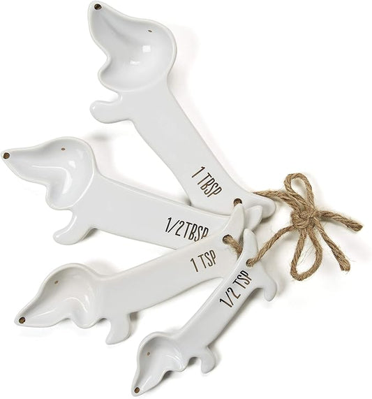 VOTUM Dachshund Measuring Spoons, Ceramic, Set of 4, Dog Lover Gifts | Weiner or Wiener Dog Themed Kitchen Baking Tools, White Ceramic, Gift for Dachshund Lovers