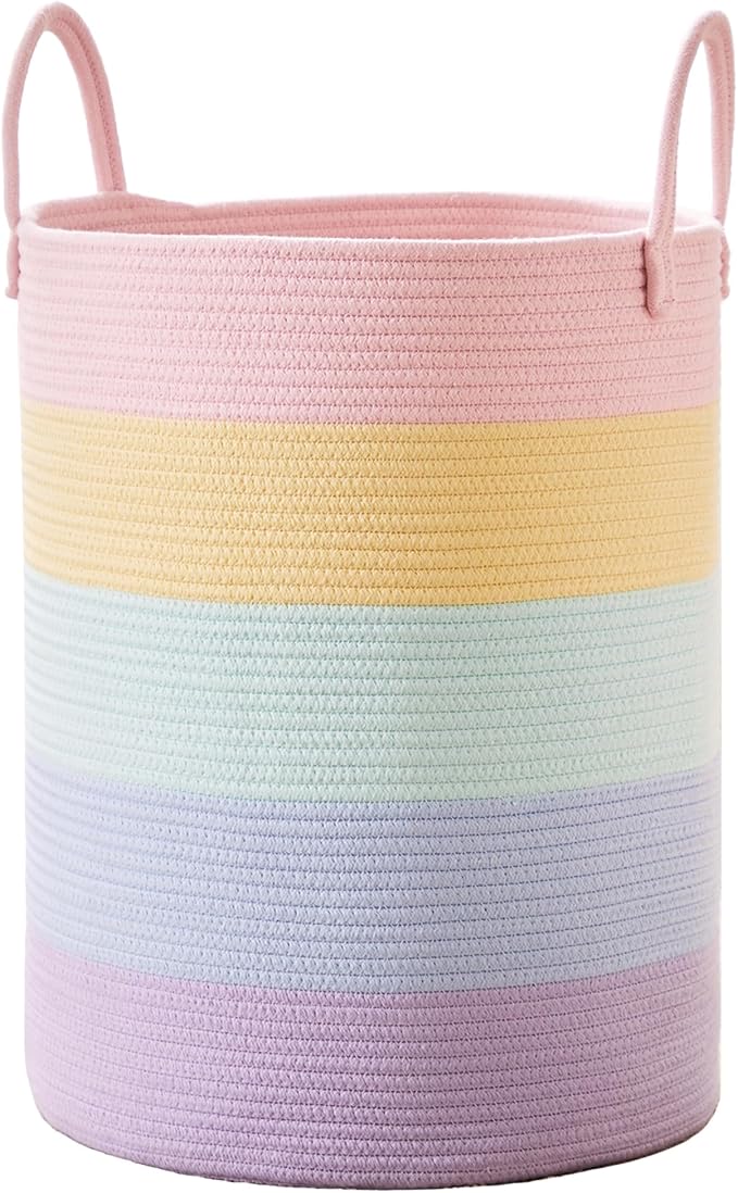60L Laundry Hamper Basket for Girls Kids Baby Nursery, Rainbow | Large Woven Clothes Hamper for Living Room Girls Room Boho Tall Rope Baskets for Blankets Toys in Playroom Bedroom, 15Dx20H