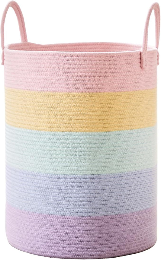60L Laundry Hamper Basket for Girls Kids Baby Nursery, Rainbow | Large Woven Clothes Hamper for Living Room Girls Room Boho Tall Rope Baskets for Blankets Toys in Playroom Bedroom, 15Dx20H