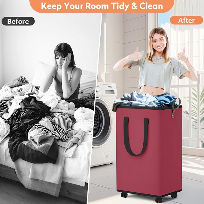SpaceTrove Rolling Laundry Basket with Wheels, Laundry Hamper, 100L, Red | Collapsible, 4 detachable wheels including 2 with brakes, sturdy handle, metal frame, for dorms, bathrooms and bedrooms