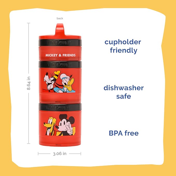 Whiskware Disney Mickey Mouse and Friends Stackable Snack Containers for Babies, Toddlers, and Kids, 3 Stackable Snack Cups for School and Travel, Cupholder Friendly, Classic!