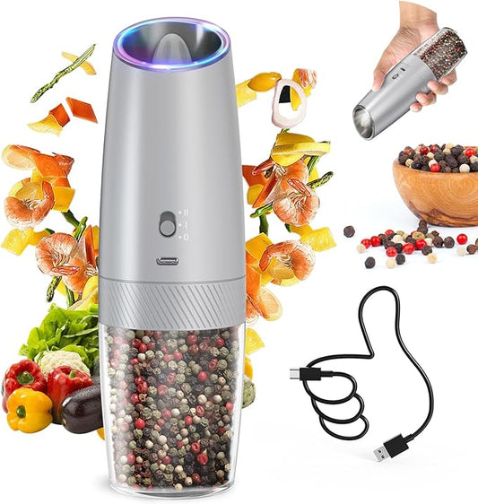 CIRCLE JOY 2-Speed Gravity Electric Pepper Grinder, Rechargeable Salt Grinder Pepper Mills, Adjustable Coarseness, White LED Light, 135ML Large Capacity, Silver