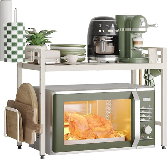 NETEL 2 Tier Expandable Microwave Stand countertop,Microwave Oven Rack | microwave shelf with Paper Towel and Chopping Board Holder, storage shelf for pans &appliances,8 Hooks,55lbs max load,White